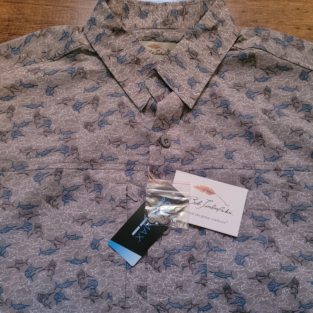 New Men's Bob Timberlake  Shirt Large Gray Vented Tab Fish Fishing  Camping    
